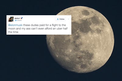 A collage with the full moon and a tweet addressing Elon Musk and the SpaceX Launch