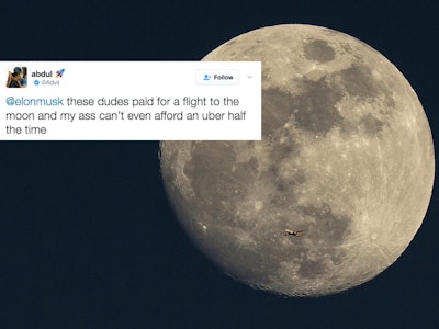 A collage with the full moon and a tweet addressing Elon Musk and the SpaceX Launch