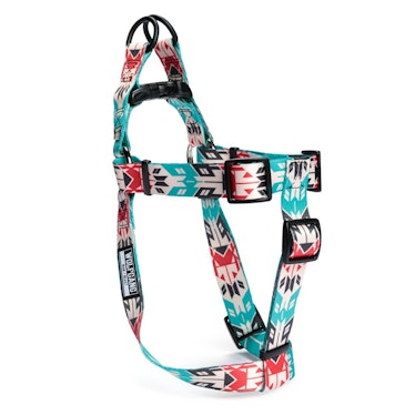 A dog harness with blue, white and red patterns.