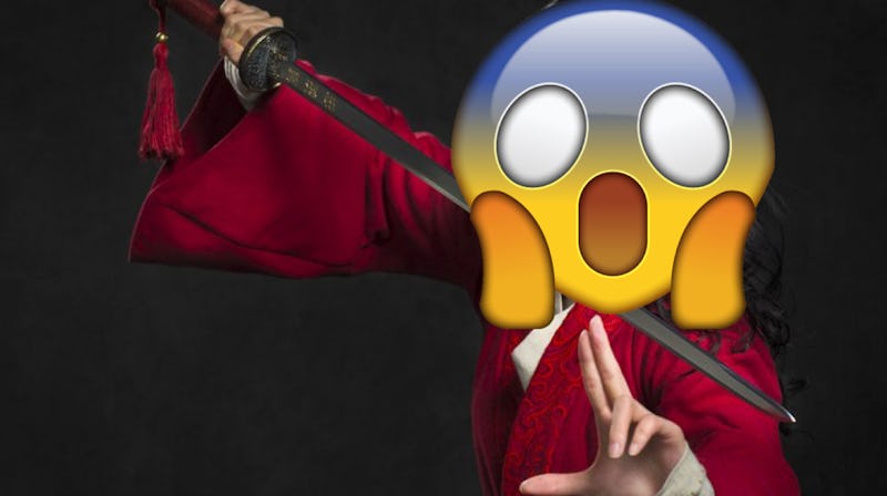 Liu Yifei as Mulan in Disney''s live-action remake with a terrified emoji face over her head