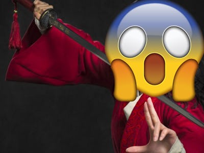 Liu Yifei as Mulan in Disney''s live-action remake with a terrified emoji face over her head