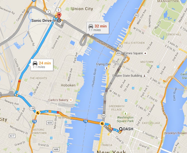 Screenshot of a map route for a ride from Sonic Drive to Dash in New York