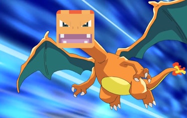 Charizard from the anime with a 'Pokémon Quest' face.