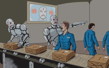 An illustration of an American man getting moved away from his workplace by an A.I. robot