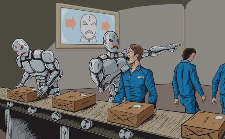 An illustration of an American man getting moved away from his workplace by an A.I. robot