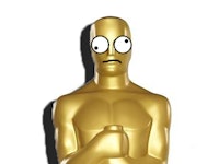 Golden Oscar statue with crazy-looking eyes