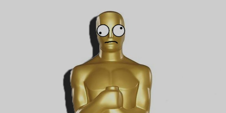 Golden Oscar statue with crazy-looking eyes