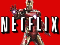A collage with Marvel's Ironman standing behind the Netflix logo