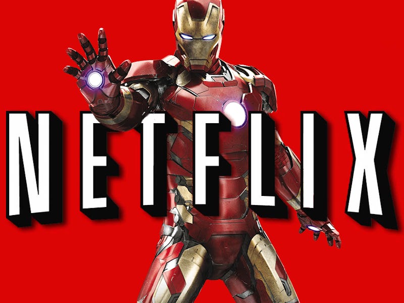 A collage with Marvel's Ironman standing behind the Netflix logo