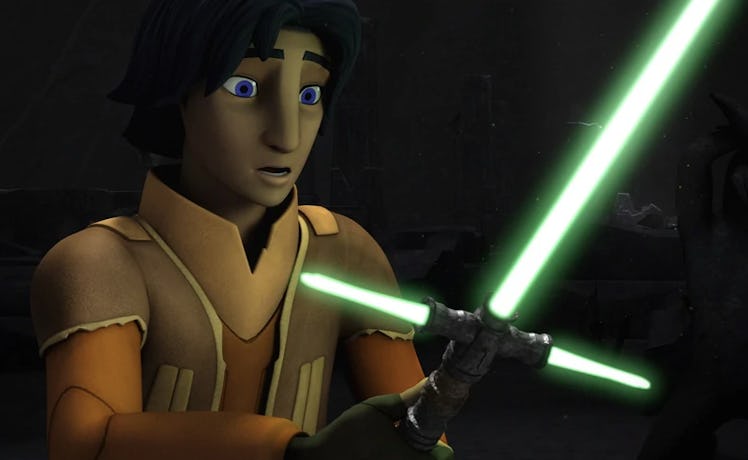 Ezra with a cross-guard lightsaber in 'Rebels'
