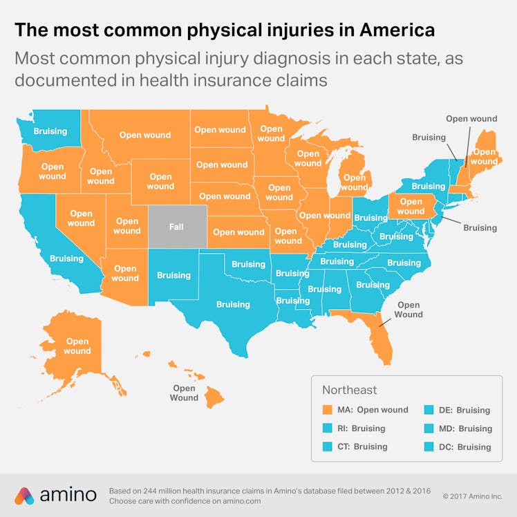 Map shows most common injuries in America by state.