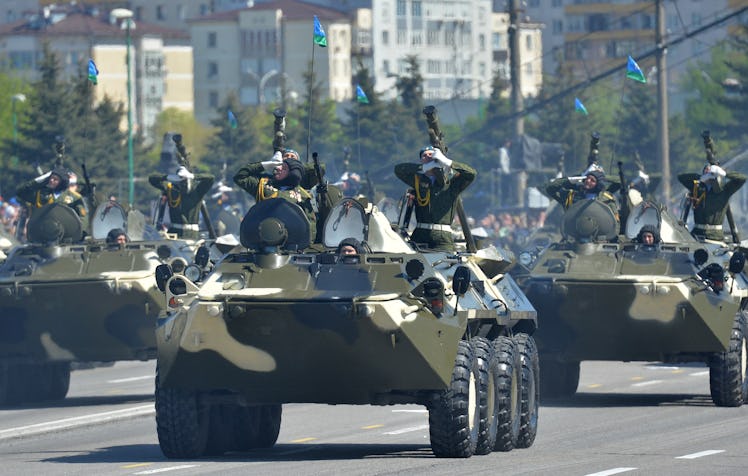MINSK, RUSSIA - MAY 9: In this handout image supplied by Host photo agency / RIA Novosti, BTR-80 arm...