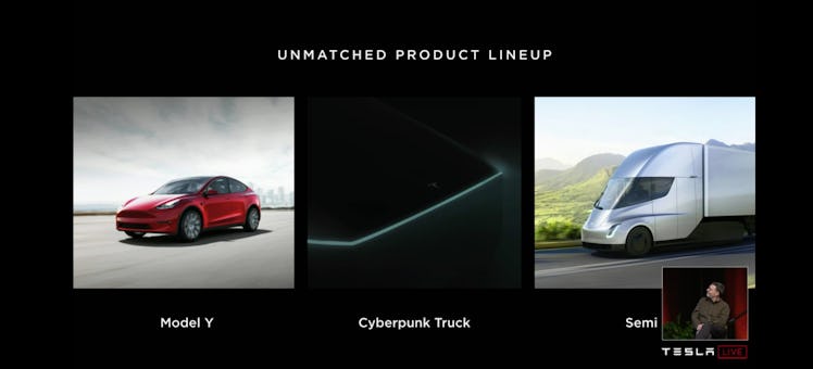 Collage of Tesla Y model, Cyberpunk Truck, and Tesla Semi truck on black background