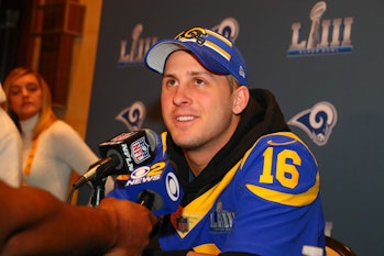 Los Angeles Rams quarterback Jared Goff (16) answers questions during the Los Angeles Rams press con...