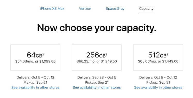 iPhone XS Max delivery estimates.
