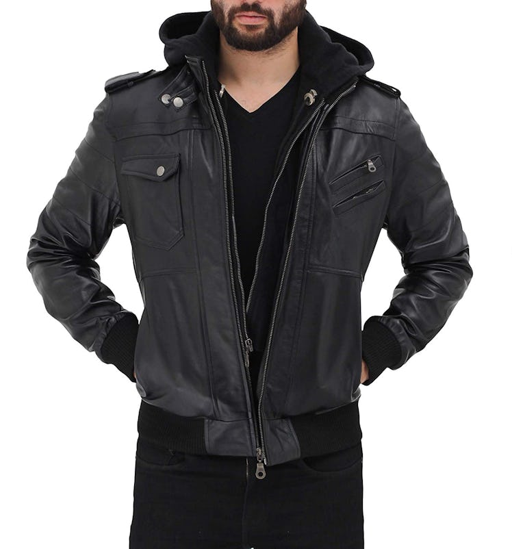 Black Bomber Leather Jacket Men