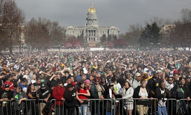 Marijuana smoke rises from a smoking crowd on April 20, 2010, at a pro-pot '4/20' celebration in fro...