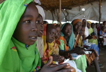 Girls at school at Sam Ouandja’s refugee camp, 16 May 2008. The number of boys attending school in t...