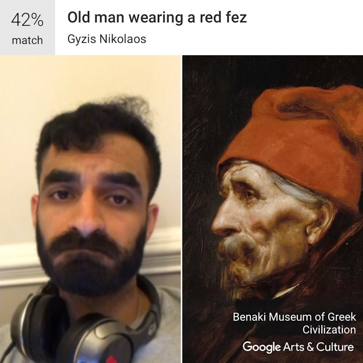 AI app generating the guy's selfie into old man wearing a red fez