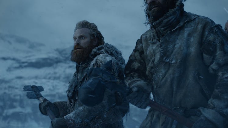 With pieces of dragonglass affixed to wooden handles, Tormund Giantsbane (left) and Sandor Clegane p...