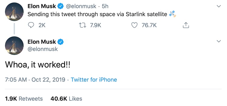 Musk's tweet flies through the air.
