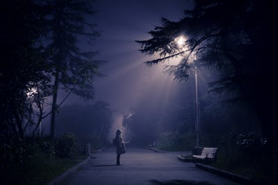 A woman standing on a park path with a UFO's light shining through the trees in front of her