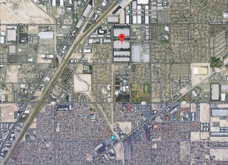 As this satellite image shows, the Amazon Fulfillment Center in North Las Vegas is very big. The whi...