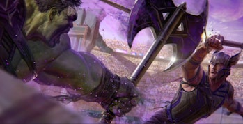 Concept art for a battle scene between Hulk and Thor in 'Thor: Ragnarok'