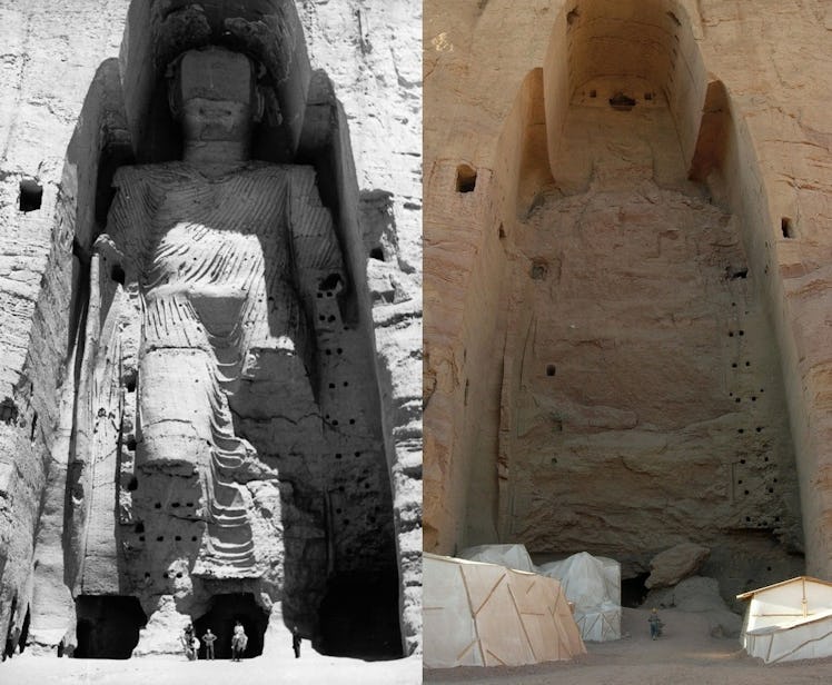 The taller Buddha of Bamiyan before (left) and after (right) destruction. 