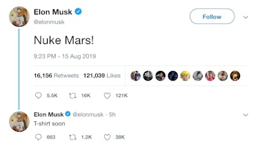 SpaceX CEO Elon Musk, posting on Twitter advocating to "nuke Mars."
