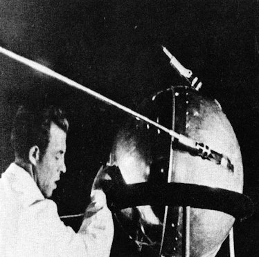 This first official picture of the Soviet satellite Sputnik I was issued in Moscow Oct. 9, 1957. The...