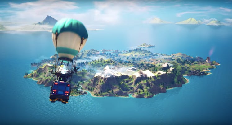 The Fortnite battle bus travelling towards an island
