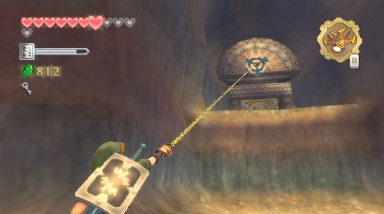 Link using the hookshot in 'The Legend of Zelda: Skyward Sword' (2011).