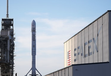 CAPE CANAVERAL, FL - APRIL 29: A SpaceX rocket sits on launch pad 39A as it is prepared for the NROL...