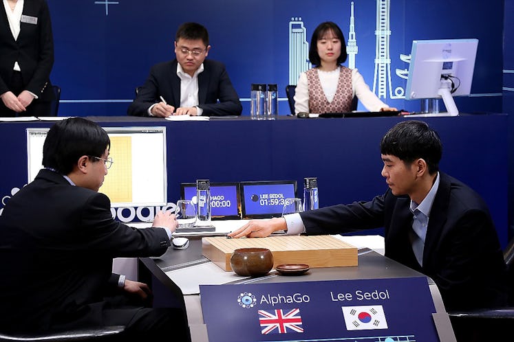 Lee Se-Dol puts his first stone against Google's artificial intelligence program, AlphaGo.