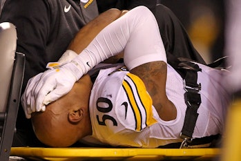 CINCINNATI, OH - DECEMBER 04: Ryan Shazier #50 of the Pittsburgh Steelers reacts as he is carted off...