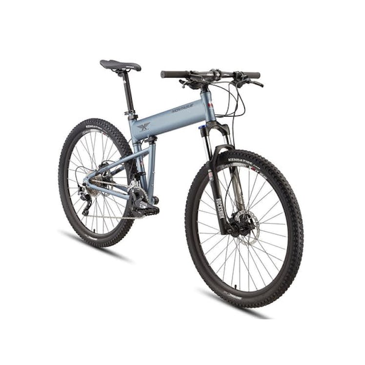 A silver mountain bike.