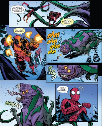 Deadpool is eaten by a Kaiju in Spider-Man/Deadpool MU 1