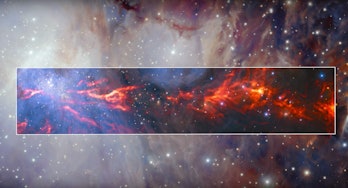 This spectacular and unusual image shows part of the famous Orion Nebula, a star formation region ly...