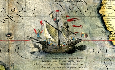 Detail of Magellan's ship "Victoria", led by an angel 