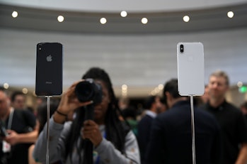 The new iPhone X is displayed during an Apple special event at the Steve Jobs Theatre on the Apple P...