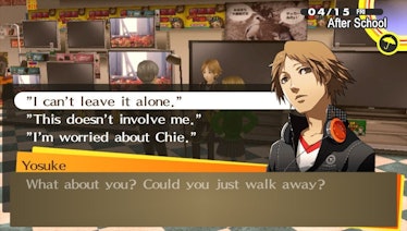 "Persona 4 Golden" scene with Persona 4 asking questions