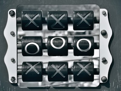 A metal square-shaped Tic-Tac-Toe box game.