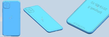 Collage of three blue iPhone XI models
