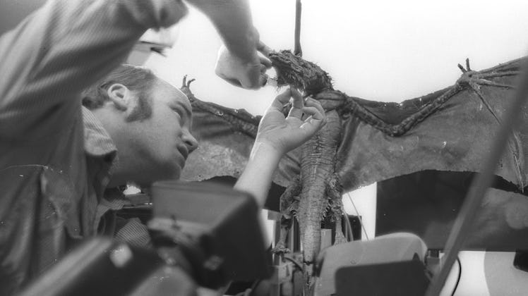 Phil Tippett working on the dragon puppet Vermithrax