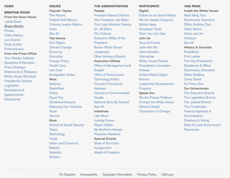 The White House's sitemap as of 11:23 a.m. Friday.