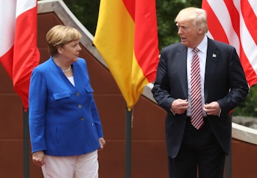 TAORMINA, ITALY - MAY 26: German Chancellor Angela Merkel and U.S. President Donald Trump arrive for...