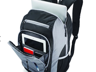 A white and black technical candlepin backpack with a tablet and laptop inside