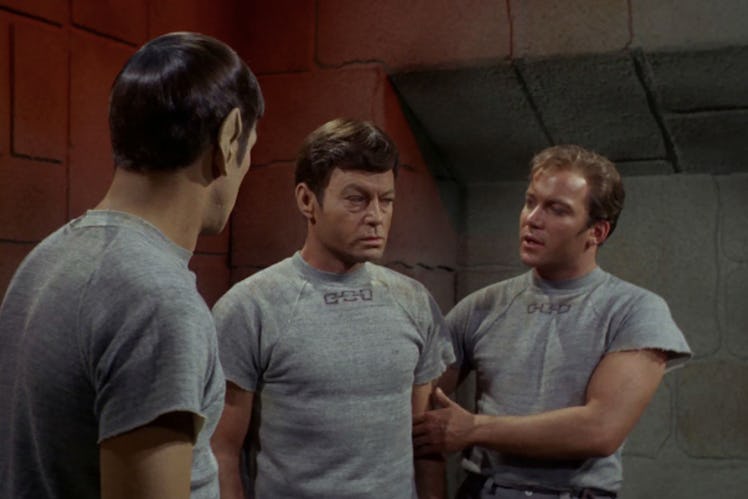 Spock, Bones and Kirk in "Bread and Circuses."