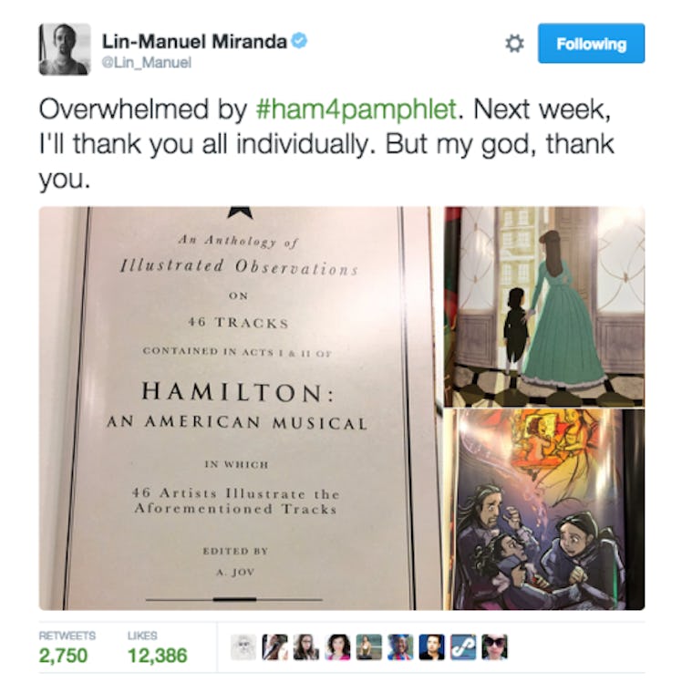 Tweet by Lin about being "overwhelmed by #Ham4Pamphlet"